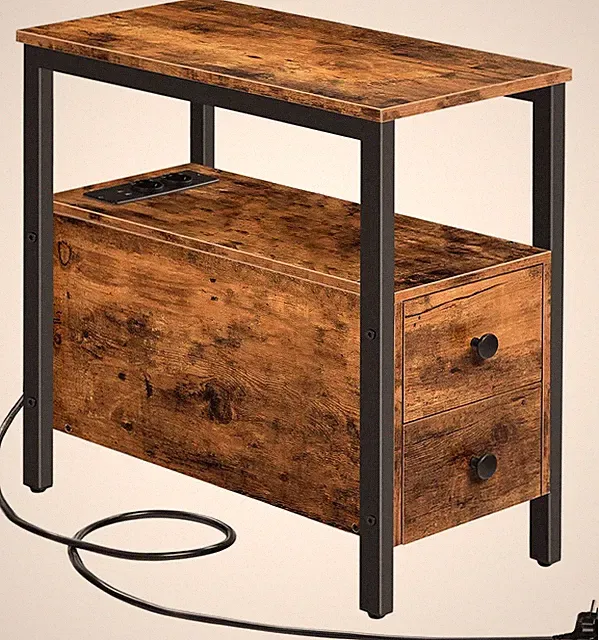 Beistelltisch mit Ladestation und 2 Schubladen 30x48x61 cm Vintagebraun
