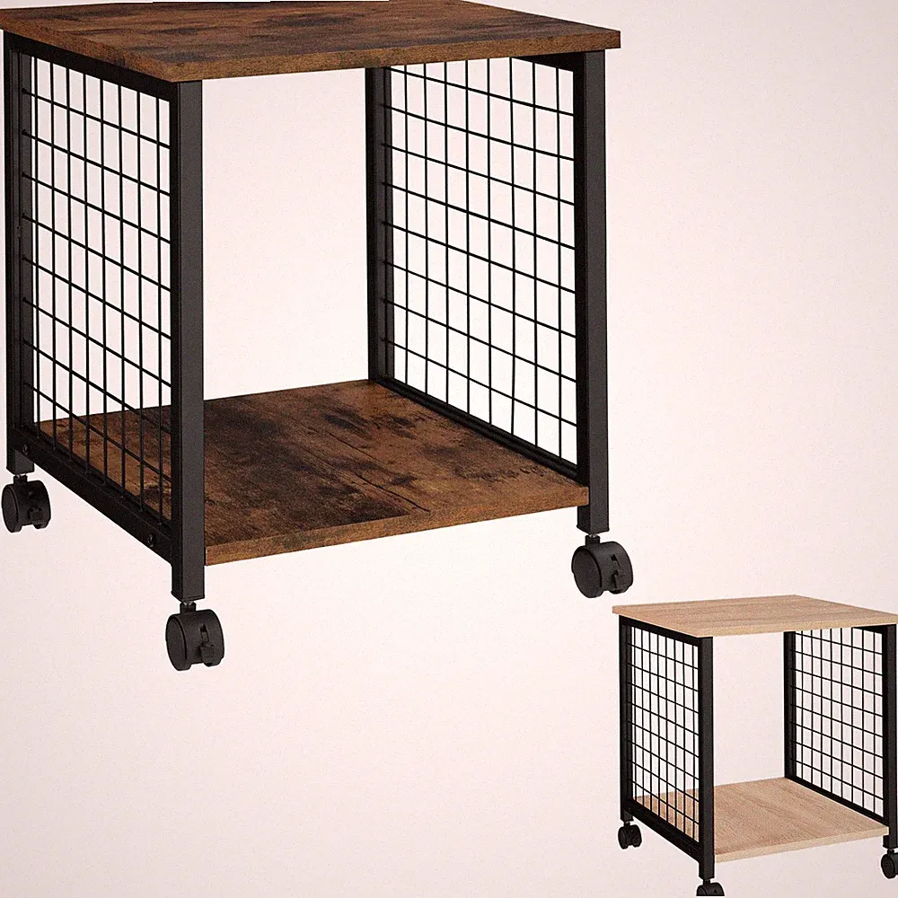 Beistelltisch Nachttisch Couchtisch mit 2 Ablagen + Rollen Holz Metall Industrie