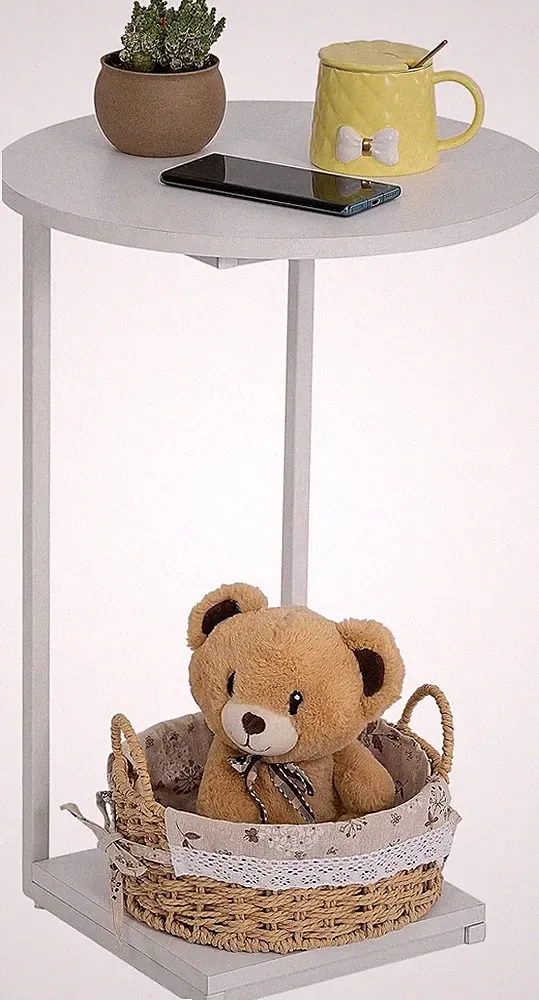 Beistelltisch rund 40cm Industriestil Weiß Holz Metall C-Form Sofa Nachttisch
