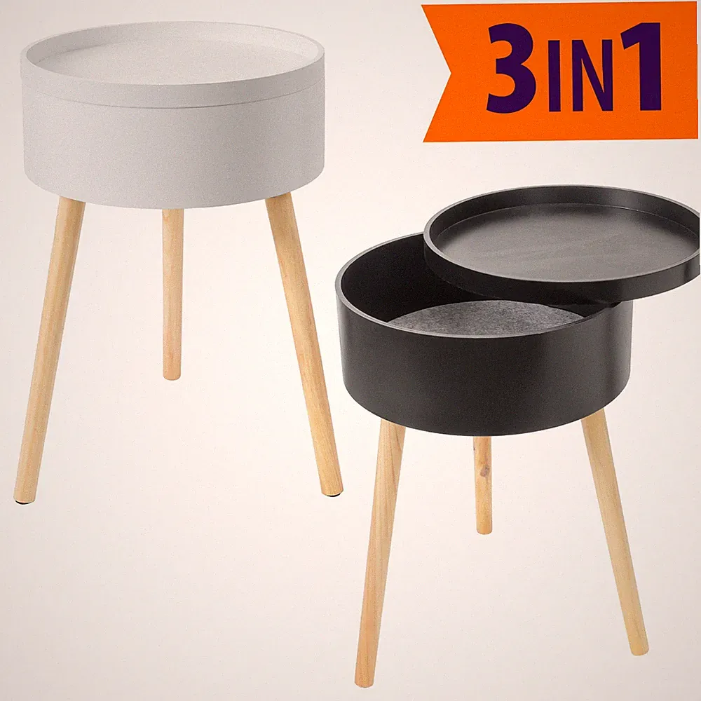 Beistelltisch rund mit Stauraum und Tablett Nachtttisch Tisch Skandinavisch Holz