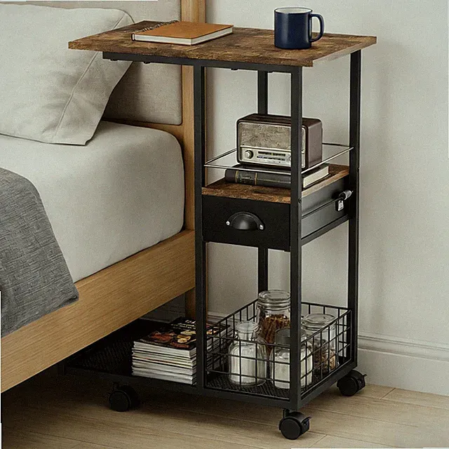 Beistelltisch Sofatisch mit Rollen Schublade, Kaffeetisch C-Form Laptoptisch DE