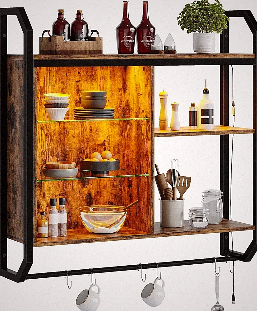 Bestier LED-Wandregal Küche 84 cm Industrie Rohrregal Glasböden rustikal braun