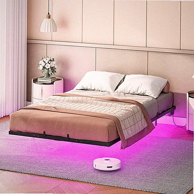 Bett 140 x 200 cm Gästebett mit LED Beleuchtung und Ladestation Bettgestell