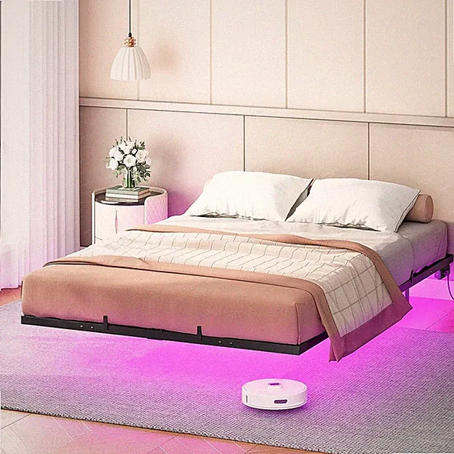 Bett 160 x 200 cm Gästebett mit LED Beleuchtung und Ladestation Bettgestell