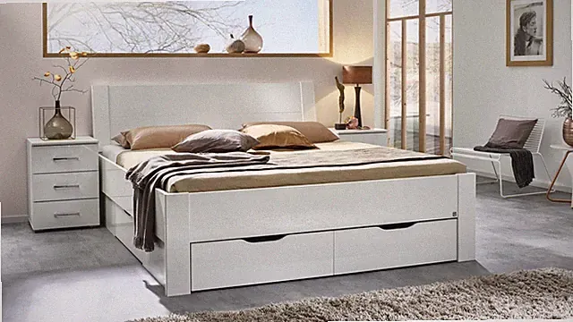 Bett 180x200 cm Doppelbett Aditio weiß Hochglanz Bettensystem inkl. Bettkasten