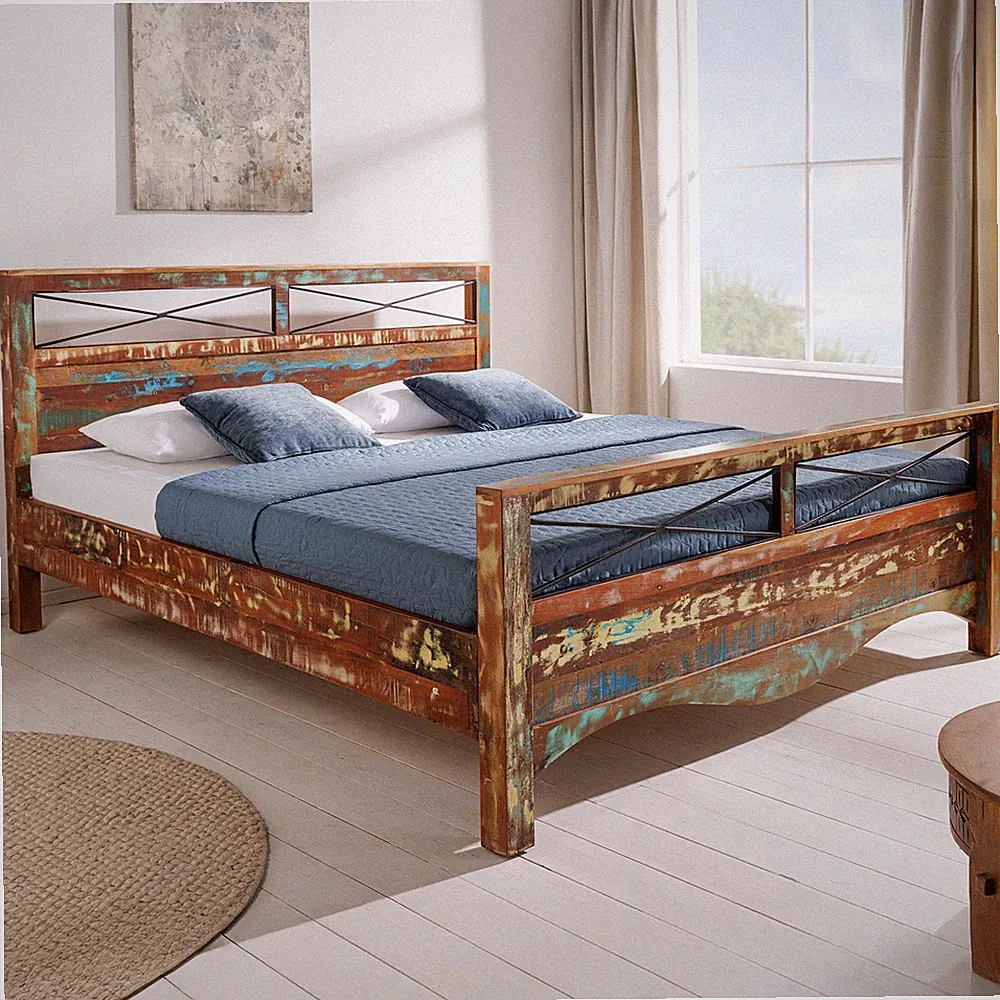 Bett JAKARTA - 185cm - braun bunt - Massivholz - aus recycelten Fischerbooten
