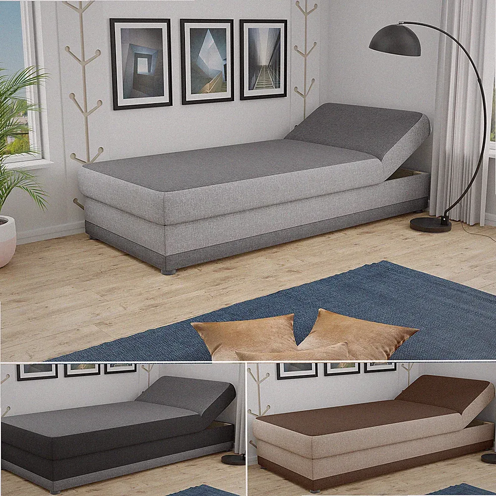 Bett mit Bettkasten 90x200 Andre - Sofa, Schlafsofa, Regulierbarer Rückenlehne