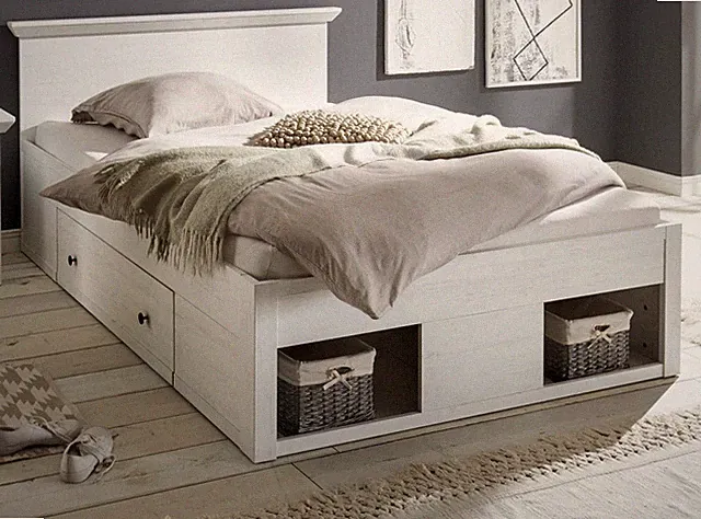 Bett Stauraumbett Doppelbett Bettschubkasten weiß Pinie 140 x 200 Hooge