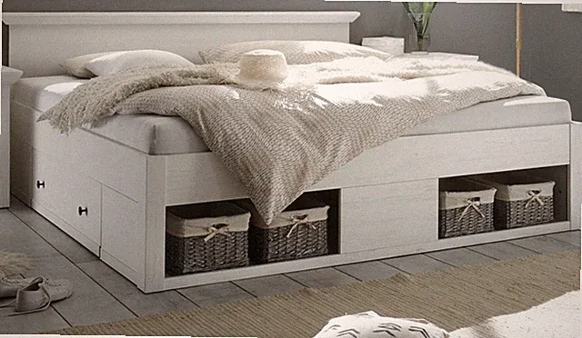 Bett Stauraumbett Doppelbett mit Schubkästen weiß matt Pinie 180 x 200 cm Hooge