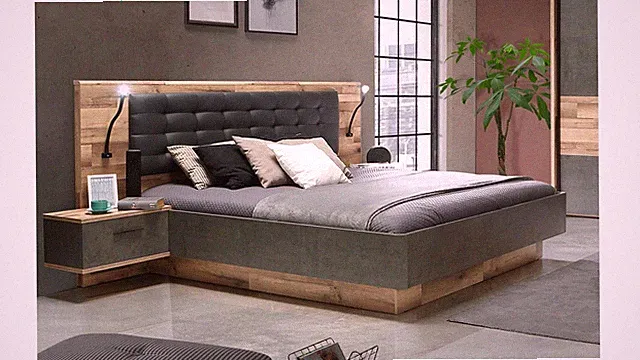 Bettanlage 1 Ricciano Bett inkl. Nachtkommoden Stabeiche Betonoptik grau 180x200