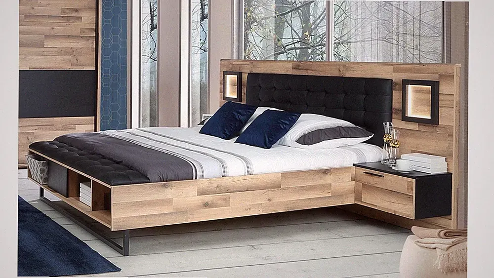 Bettanlage 160 cm Bett Nachttisch inkl. LED Jakobina Stabeiche und Schwarz Eiche