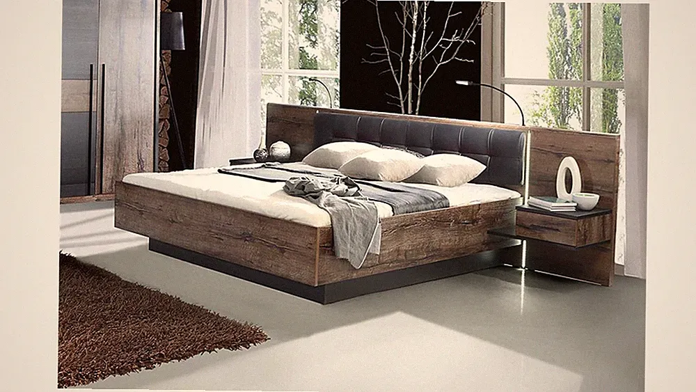 Bettanlage Bellevue Bett Nachtkommode Schwarzeiche und Schlammeiche LED