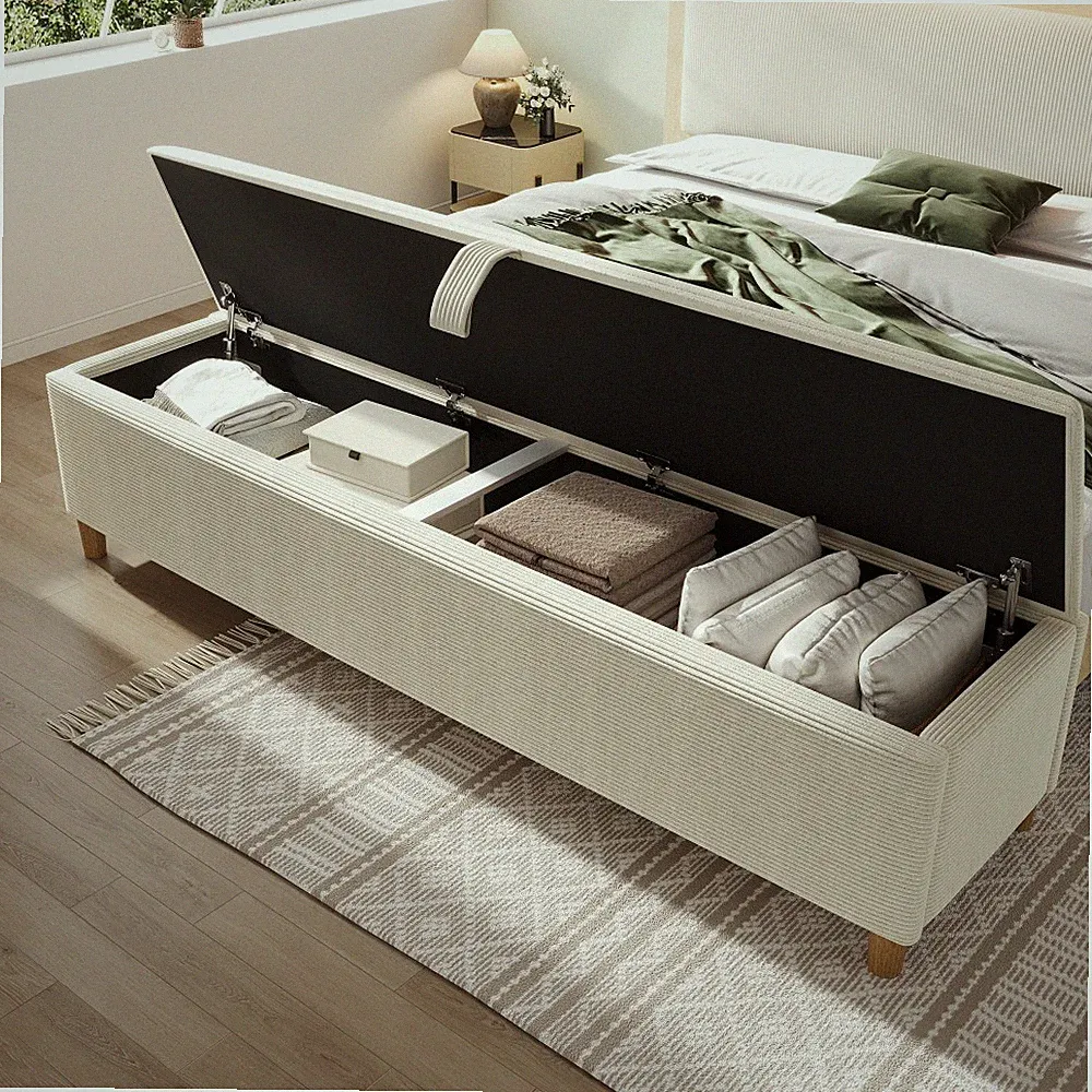 Bettbank 145x38cm beige Cord mit Hydraulik Stauraum Softsitz Massivholzbeine