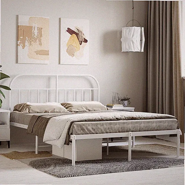 Bettgestell Metall 140x190cm Weiß Stahl Kopfteil Metallbett Doppelbett Gästebett