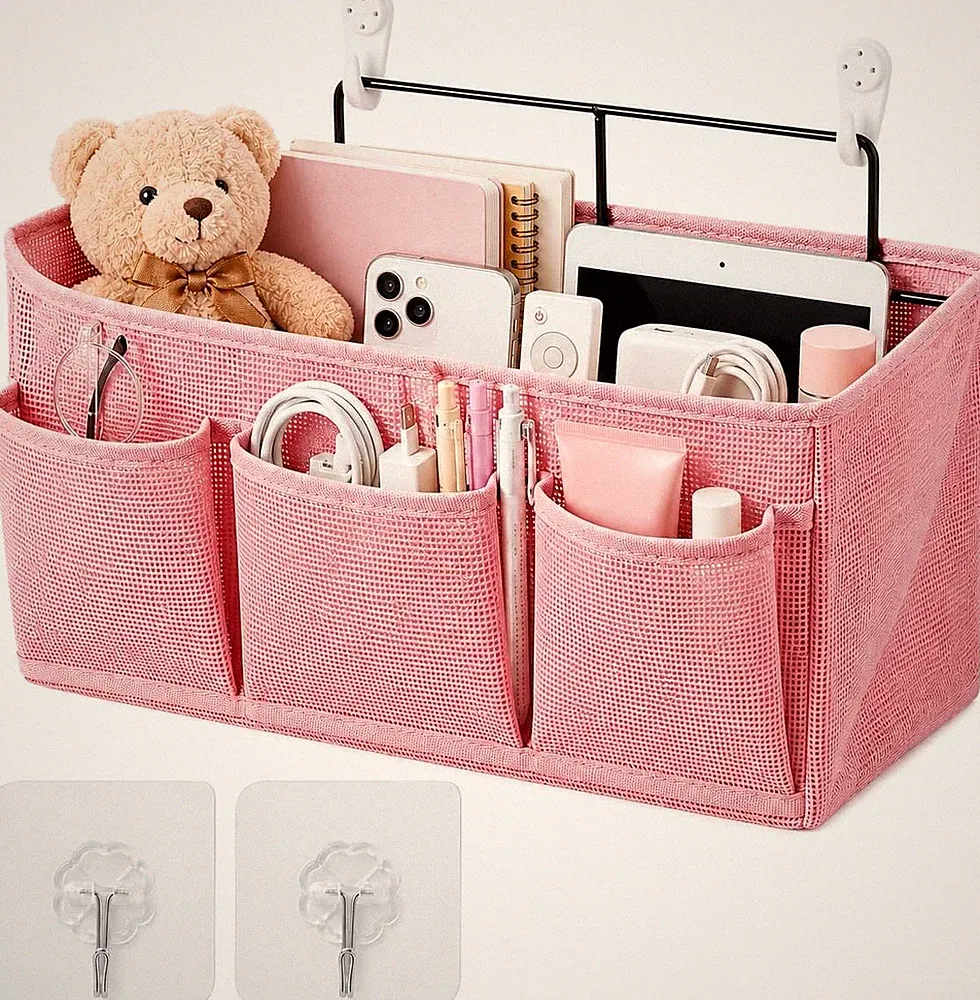 Betttasche Rosa, 2 Haken, 4 Fächer, Organizer für Handy, Brille, Bücher, Sofa