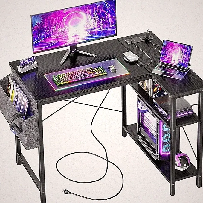 BEXEVUE L-förmiger Schreib-Tisch mit Steckdosen, 100 x 70 cm, Gaming mit Taschen