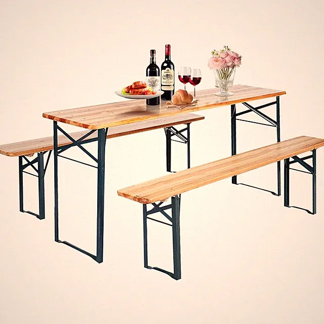 Bierzeltgarnitur Klappbar 178x46x76cm Gartenmöbel Holz Metall Picknick