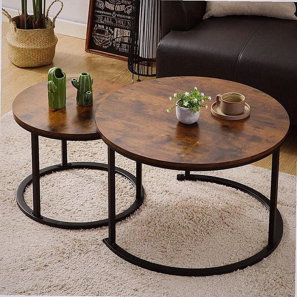 BIGTREE Couchtisch 2er Set rund 70x70x45 & 50x50x40 cm Braun Holz Metallgestell