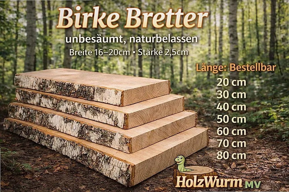 Birke Holzbrett unbesäumt (mit Rinde) 2,5cm 16-20cm DIY Möbel, Regale, Wanddeko