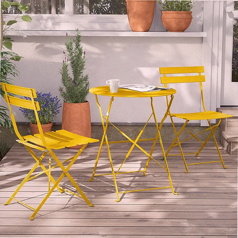 Bistro Set 3 Stück Stahl Gelb Klappbar Gartenmöbel Sitzgruppe 2 Stüh