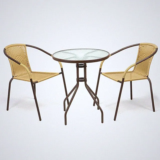 Bistroset Balkonset beige Sitzgarnitur aus Glastisch + Bistrostuhl Poly-Rattan
