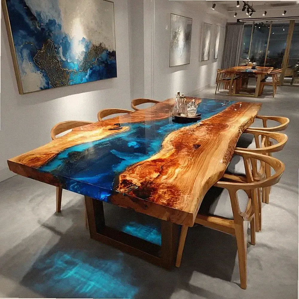 Blau Harz River Table Live Edge Holz groß handgefertigt Esstisch Bürotisch