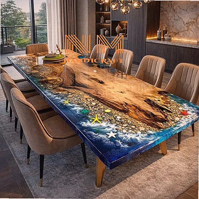 Blauer Epoxid Ocean River Esstisch, handgefertigte Akazienholz Harzmöbel