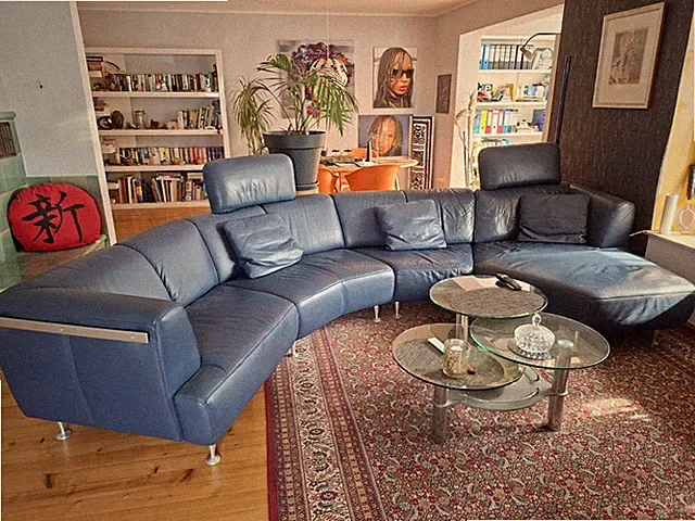 Blaues Leder-Ecksofa 5-Sitzer 2-tlg mit Kopfstützen, Chaise, Metallfüße