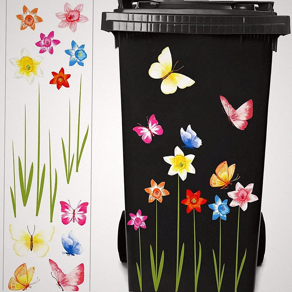 Blumen Aufkleber Dekorative wetterfeste bunte Mülltonnen Kühlschrank 6 Stück