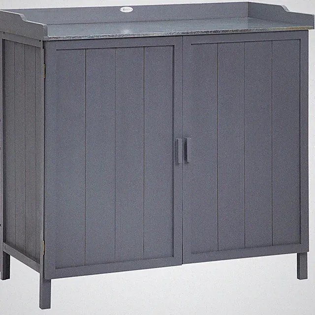 Blumenbank grau 98x48x95,5cm verzinkt Metallplatte Tannenholz Schrank 2 Einlegeböden