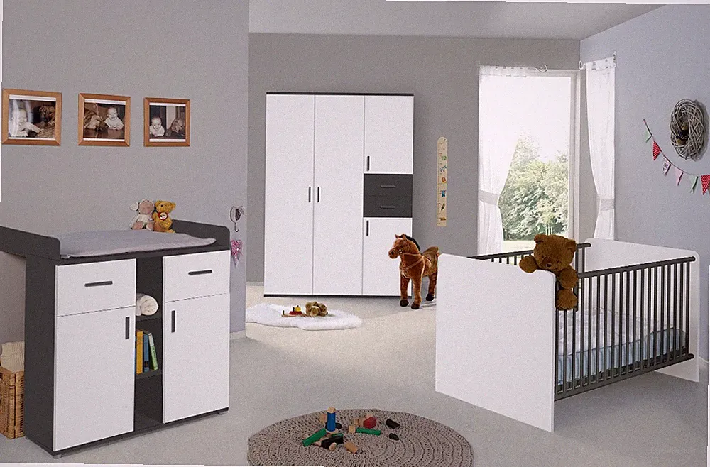 BMG Möbel Kinderzimmer Set Elli Kleiderschrank Wickelkommode Babybett in Weiss