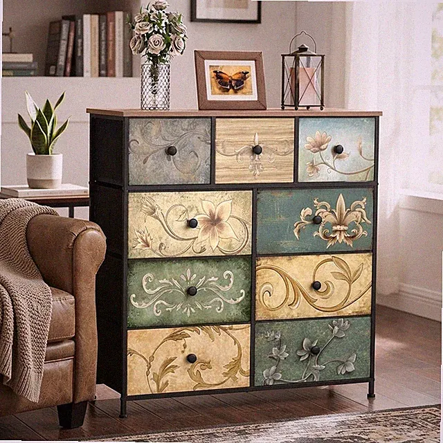Bohemian-inspirierte Aufbewahrungstruhe mit 9 Schubladen und Blumenmuster für Wohnkultur