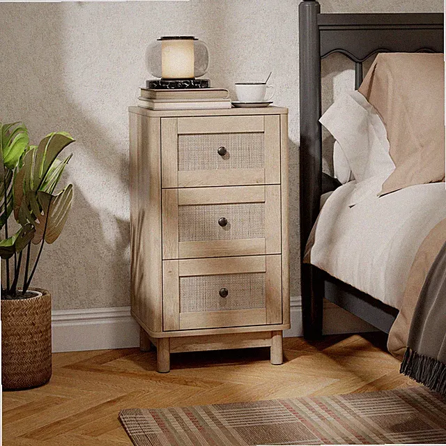 Bohemian Rattan Kommode, Kommode mit 3 Schubladen und Kiefernholzbeinen, Eiche