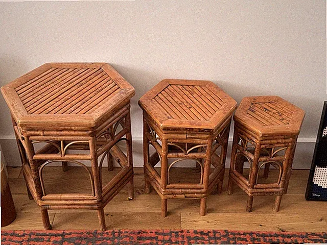 Boho Bambus Rattan gestaffelt Satztische Stapeltische oder Pflanzenständer 3er Set