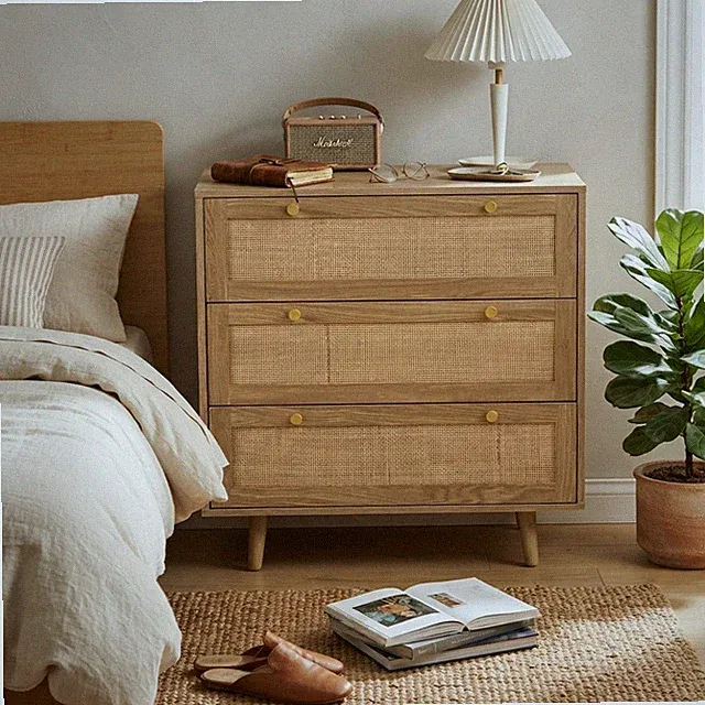 Boho Chic Kommode mit 3 Schubladen und Rattan Akzenten - vielseitige Aufbewahrungslösung