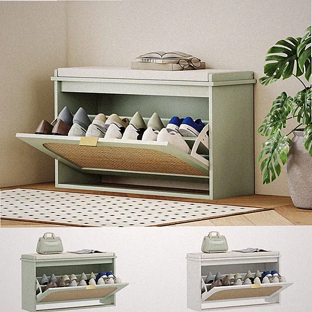 Boho Schuhbank mit Sitzkissen, Klappschublade und Rattanstür