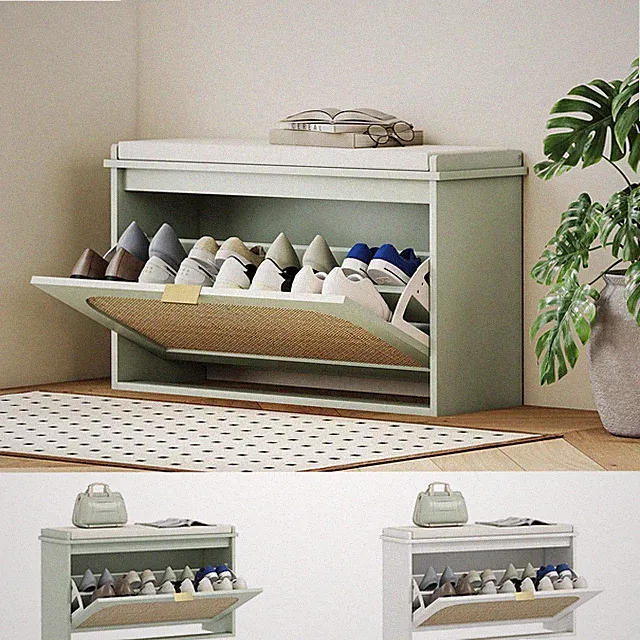 Boho Schuhbank mit Sitzkissen, Klappschublade und Rattanstür