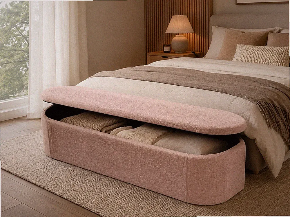 Bouclé Sitzbank Rosa 110x38x40 cm Sitztruhe Polsterbank mit Stauraum