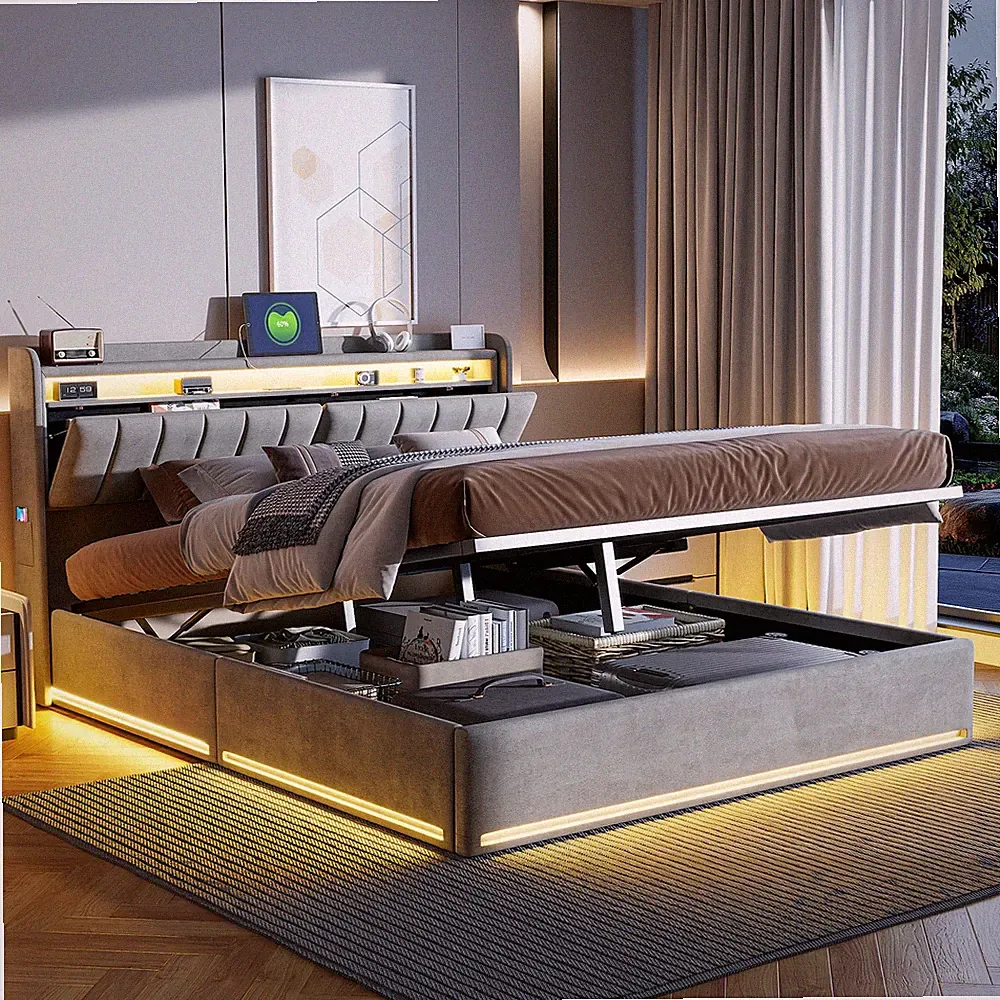 Boxspringbett 140x200 cm mit LED USB Stauraum Lattenrost Polsterbett Doppelbett