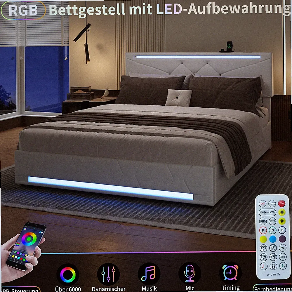 Boxspringbett 140x200 cm mit LED,USB Stauraum Lattenrost,Polsterbett Doppelbett