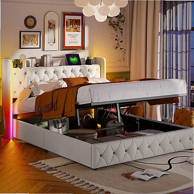Boxspringbett 140x200 cm mit LED USB Stauraum Polsterbett Lattenrost Doppelbett