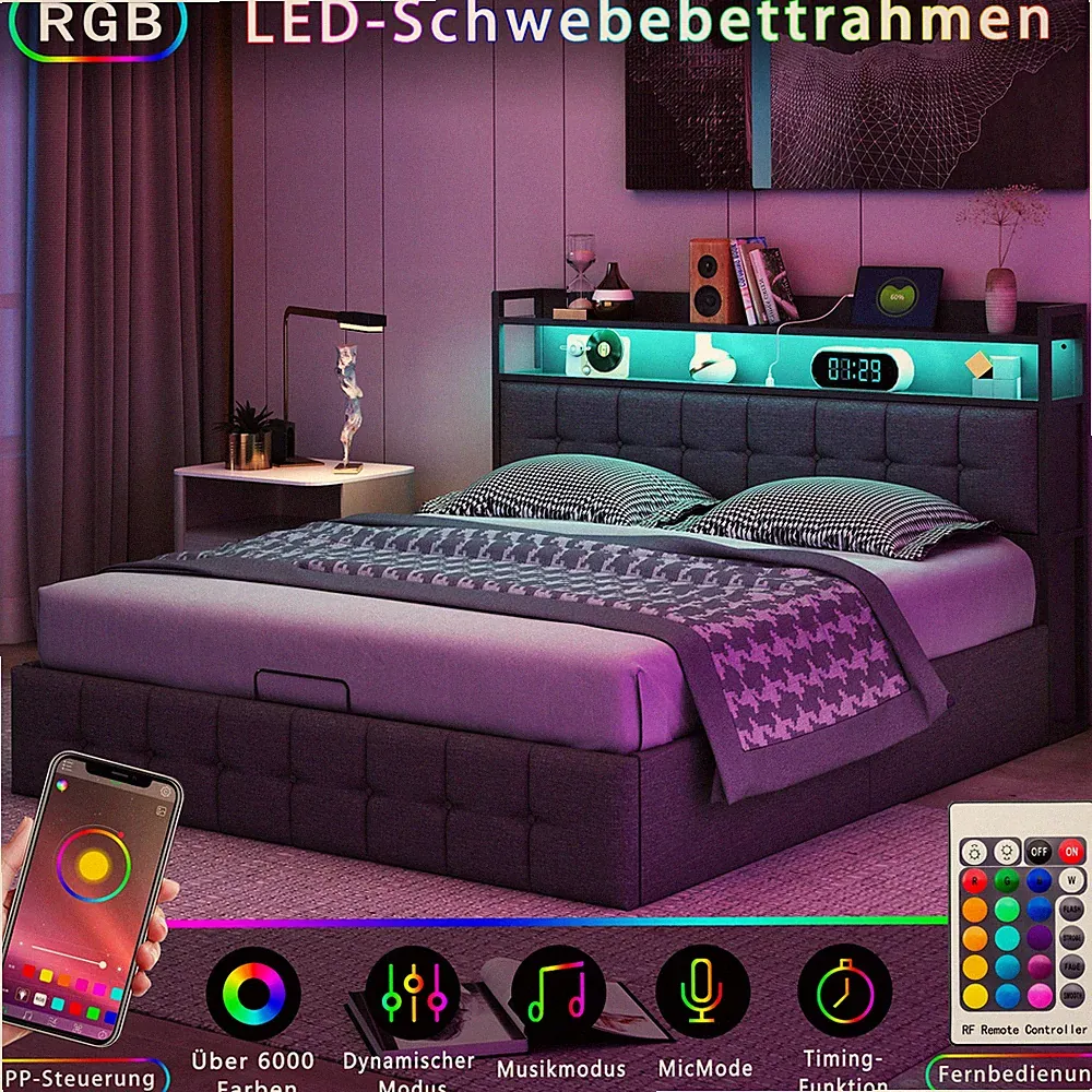 Boxspringbett 160x200 cm Mit LED/Lattenrost/Stauraum USB Polsterbett Doppelbett