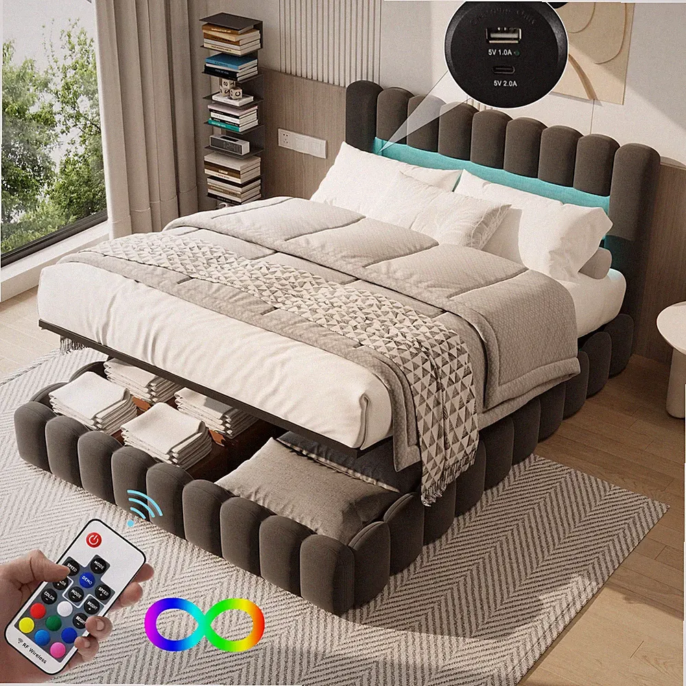 Boxspringbett 180x200 cm Polsterbett Doppelbett mit Stauraum LED/USB Lattenrost