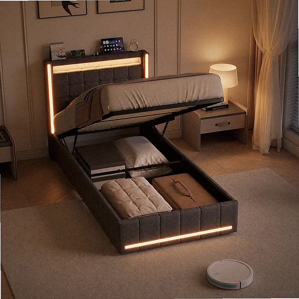 Boxspringbett 90x200 cm mit LED USB Lattenrost Stauraum Polsterbett Kinderbett