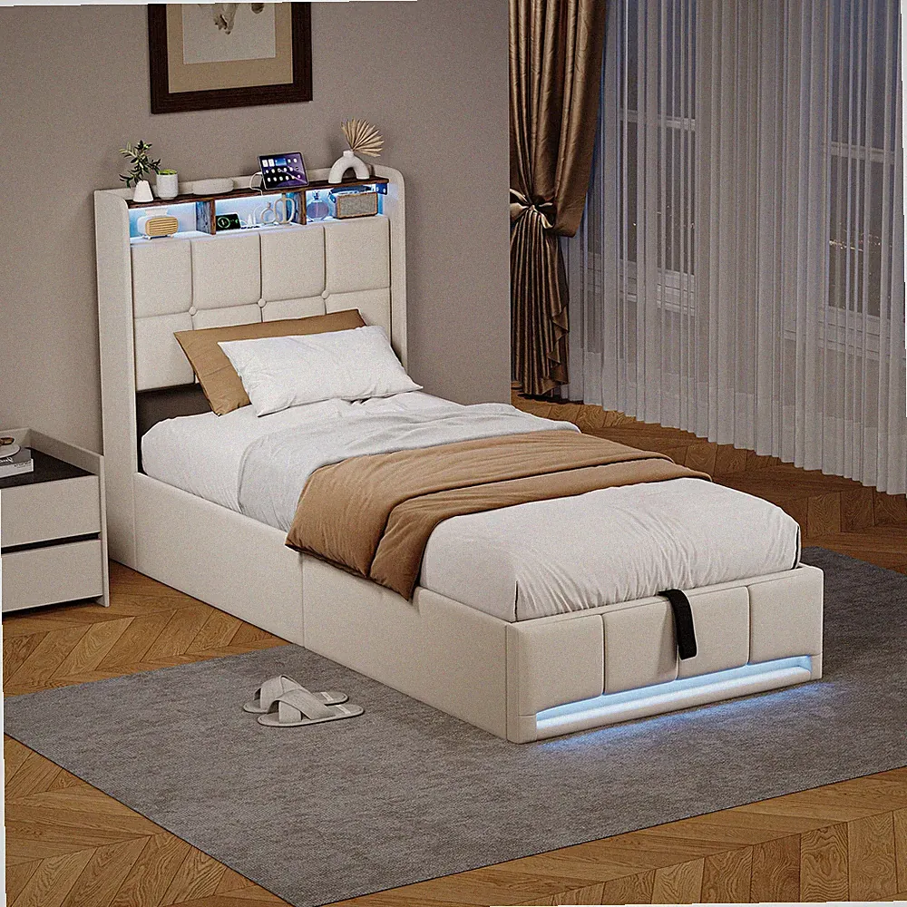 Boxspringbett 90x200 mit LED USB Polsterbett Bettgestell mit Lattenrost Stauraum