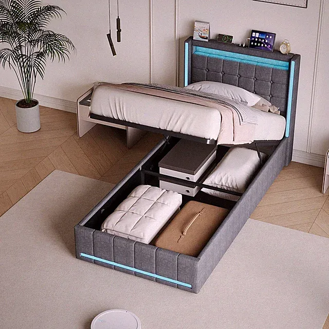 Boxspringbett 90x200 Mit LED,USB Stauraum Bettgestell mit Lattenrost Jugendbett