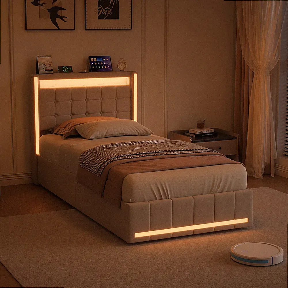Boxspringbett 90x200 Mit LED,USB Stauraum Polsterbett Bettgestell mit Lattenrost