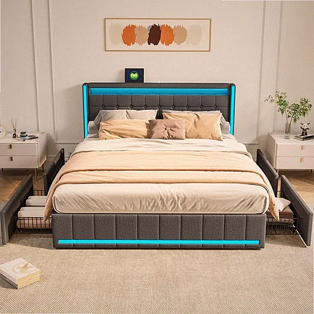 Boxspringbett Polsterbett mit LED USB Bettgestell Lattenrost Stauraum 180x200cm