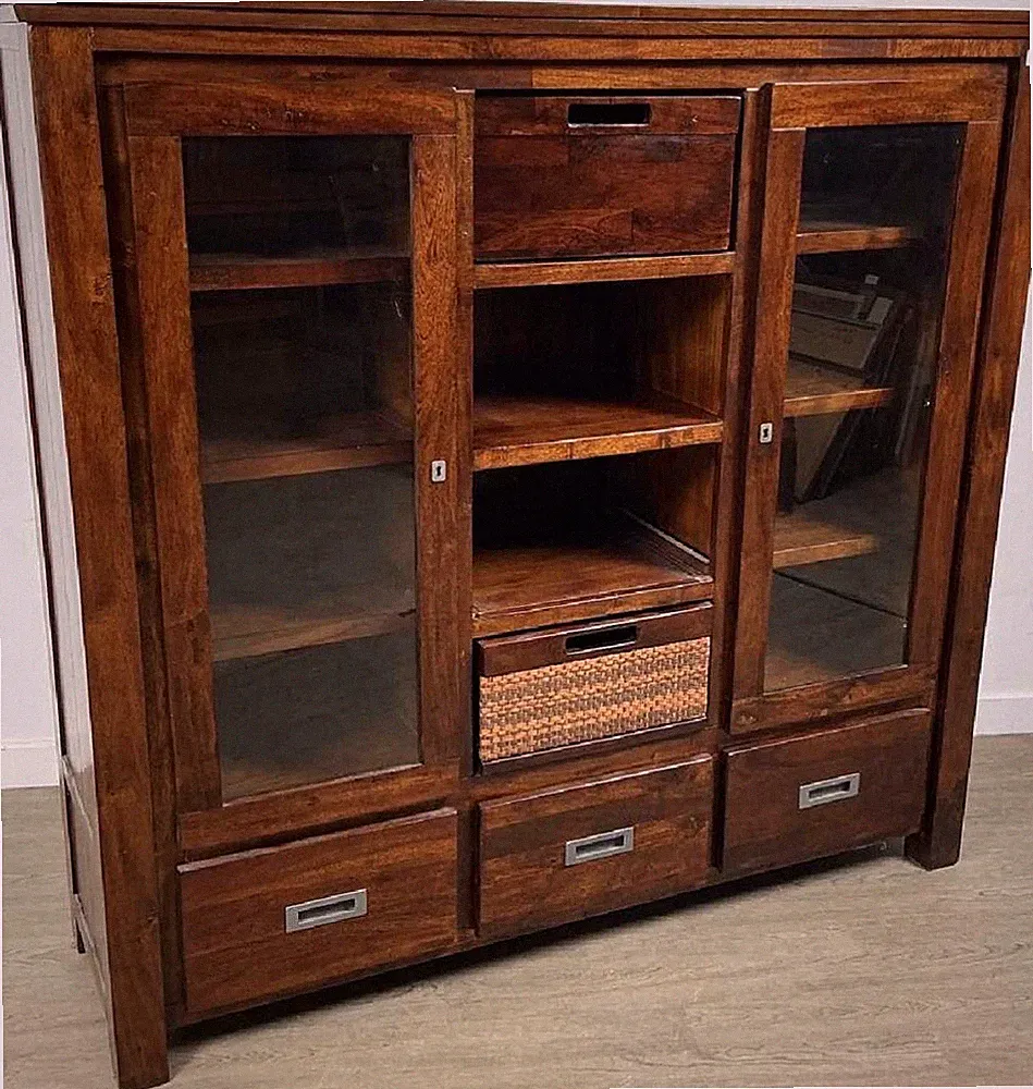 Braune Holz-Glas Vitrine 150x50x140 cm, 2 Glastüren, 3 Schubladen