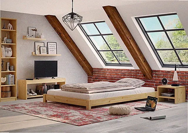 Breites, flaches Futonbett Einzelbett 120x200 Kiefer massiv Niedrigbett natur